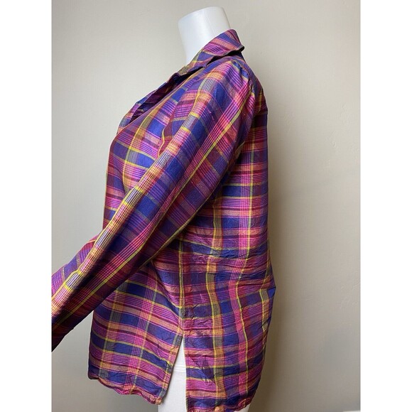 N91. Silk Lore Silk Shirt M Plaid Multicolor Blouse Long Sleeve Collared Button - Picture 6 of 8